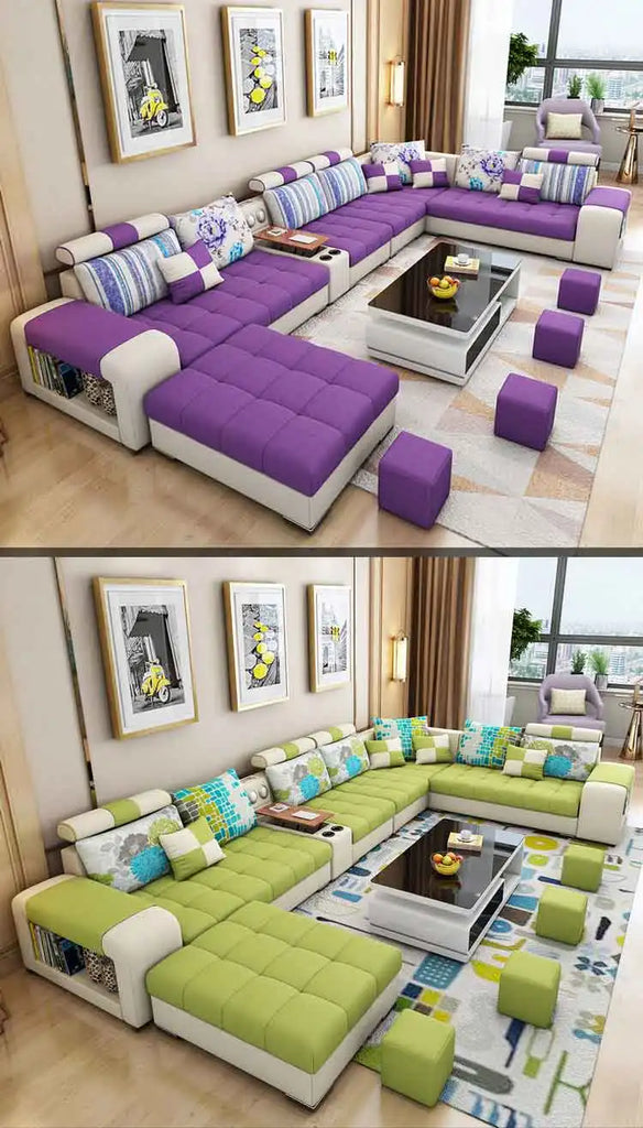 Modern U-Shaped Fabric Sofa Set with USB & Stools – Living Room Couch, Customizable Colors