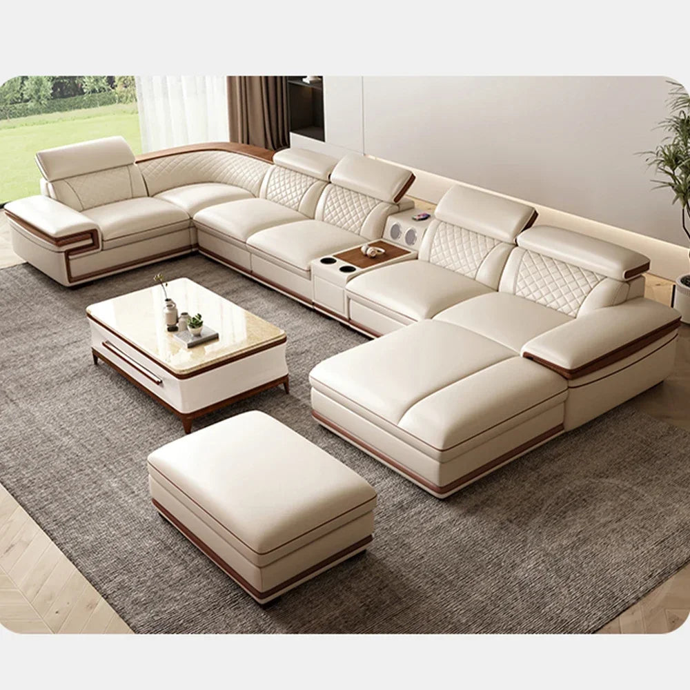 MINGDIBAO Italian Genuine Leather L-Shaped Sofa Set with Adjustable Headrests, Bluetooth Speaker & Wireless Charging