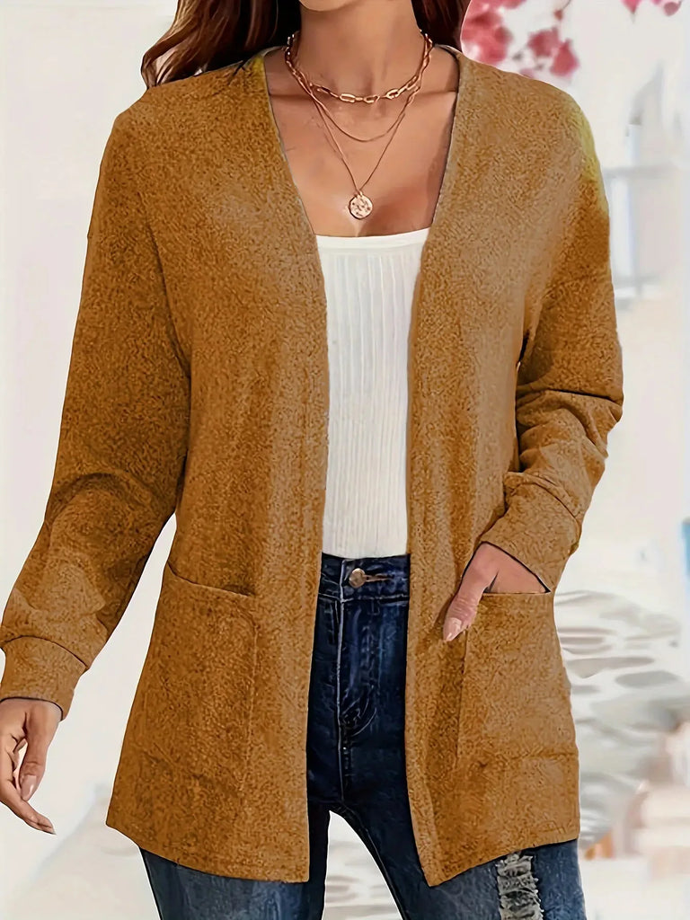 Autumn & Winter Women's Solid Color Knitted Open-Front Cardigan with Pockets