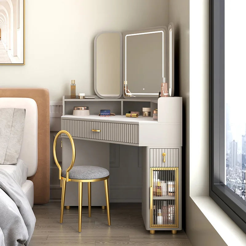 Luxury Solid Wood Corner Dressing Table with Mirror and Stool – Modern Minimalist Bedroom Furniture