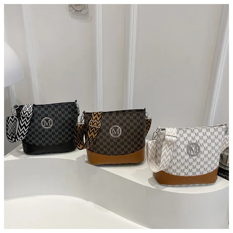 Retro M Letter Crossbody Handbag for Women – PU Leather Bucket Style Messenger Bag