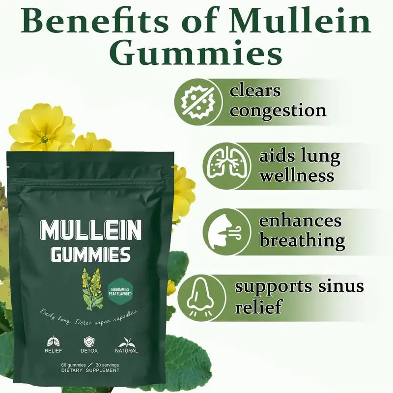 2 Bag Mullein Gummies for Lung Detox 2000mg Mullein Leaf Extract 60 Gummies per Bag Respiratory Digestive Immune Support