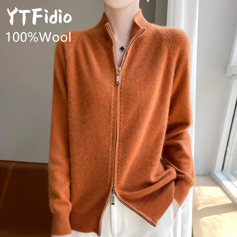 100% Wool Women’s Zipper Turtleneck Sweater – Casual Loose Knit Cardigan for Autumn/Winter