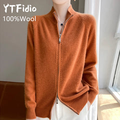 100% Wool Women’s Zipper Turtleneck Sweater – Casual Loose Knit Cardigan for Autumn/Winter