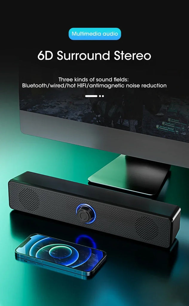 PC Soundbar Bluetooth Speaker – Wired & Wireless USB Powered for TV, PC, Laptop, Gaming, Home Theater