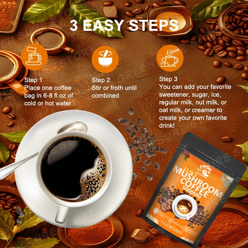 Mushroom Coffee With 11 Superfood Mushrooms including Lion's Mane, Reishi, Chaga, Cordyceps For Energy, Focus, Memory & Immunity
