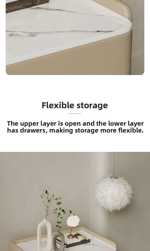 Luxury Modern Nightstand with Drawer, Glossy Marble Top, Gold Metal Legs, Faux Leather Bedside Table