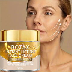 Gold and beige face cream jar with a woman's face showing skin improvement.
