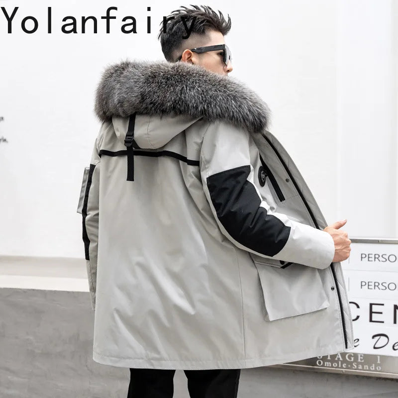 Real Mink Fur Inner Coat Men 90% Down 10% Feather Winter Mid-Length Jacket with Hood and Fox Fur Collar