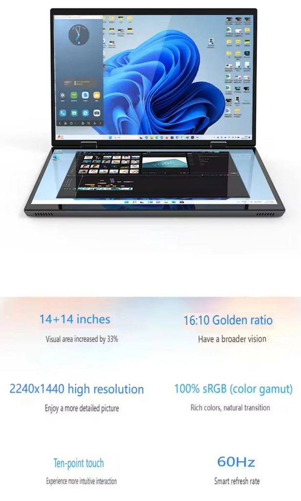 Dual Screen 14+14 Inch 2K Touchscreen 2-in-1 Laptop 16GB/32GB Intel N100 CPU 360° Flip Metal Case