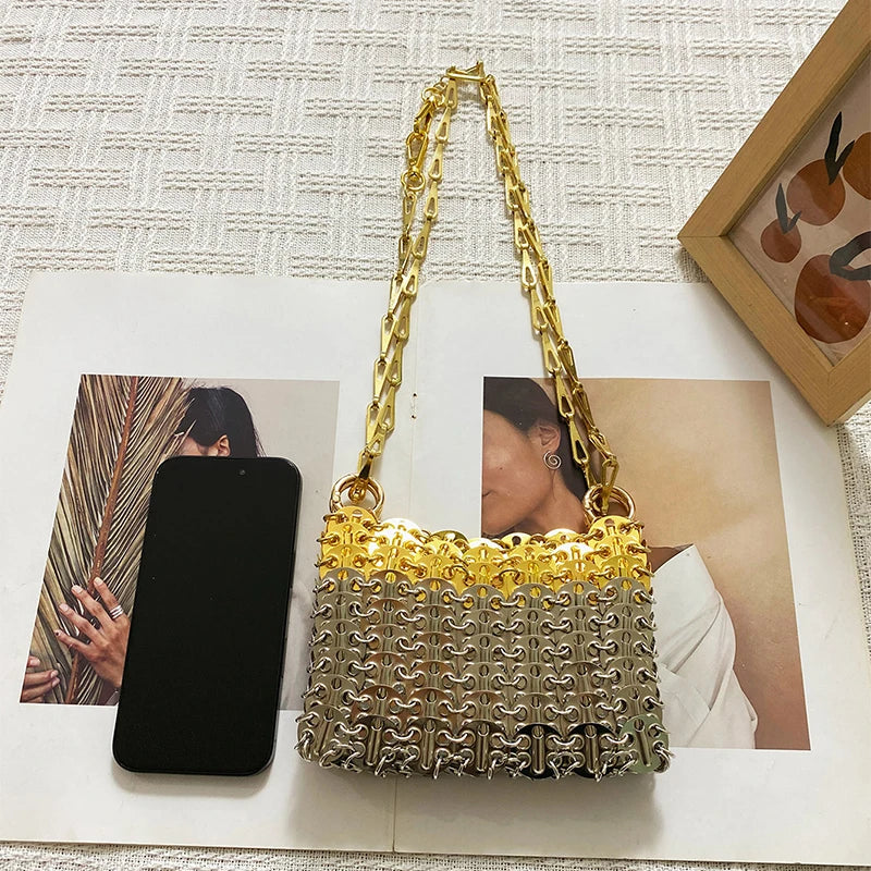Silver Shiny Hand Woven Bead Sequin Crossbody Bag with Long Shoulder Strap for Women