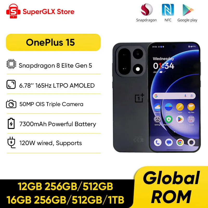 OnePlus 15 Unlocked Smartphone 6.78'' 165Hz AMOLED 50MP Triple Camera 7300mAh Battery NFC IP68