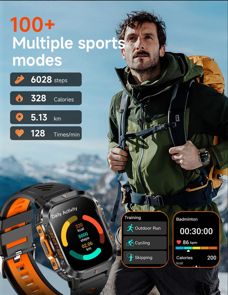 Military-Grade GPS Smartwatch for Men – 2.01” AMOLED, Bluetooth Calling, 3ATM Waterproof, 100+ Sports, 540mAh Battery