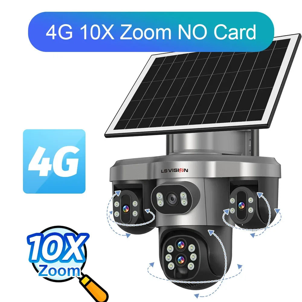 LS VISION 20MP 4-Lens Three Screen 4G/WiFi Solar Security Camera with 10X Optical Zoom and Auto Tracking