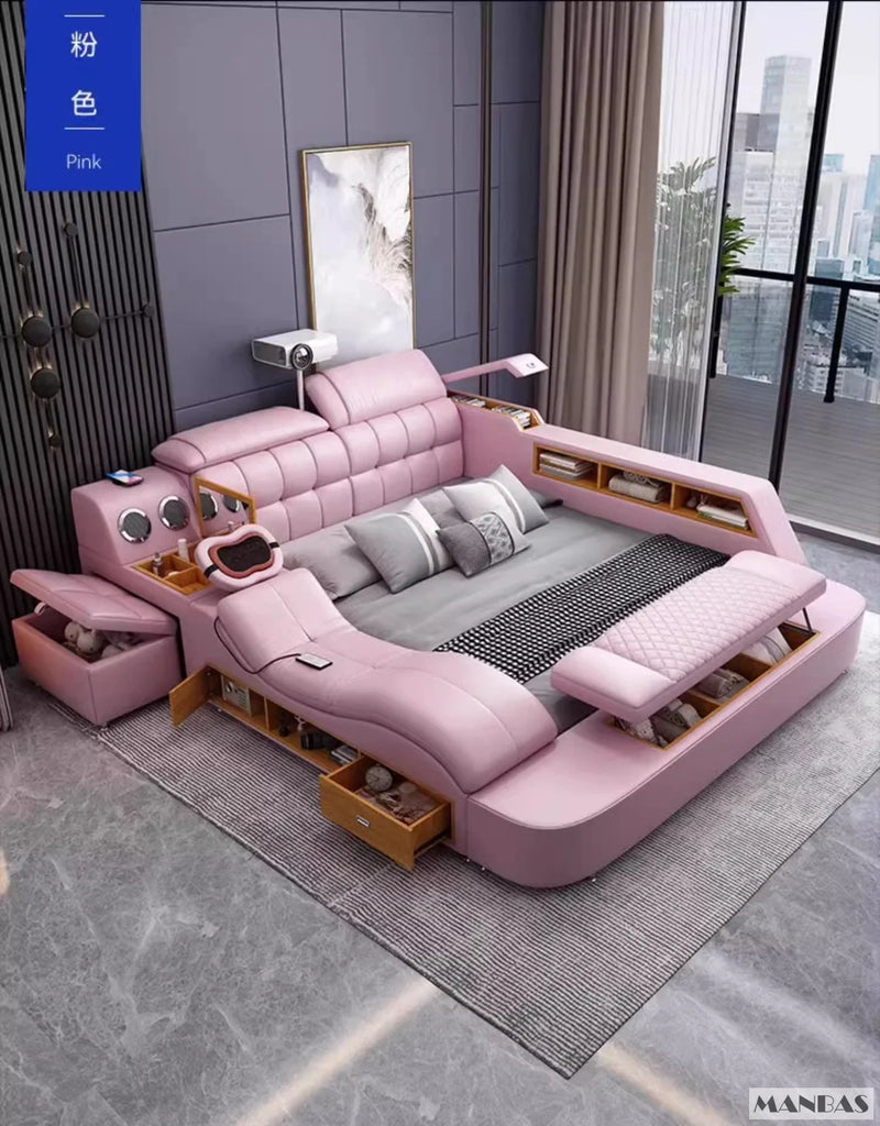MANBAS Luxury King Size Genuine Leather Smart Bed with Massage, Storage, USB & Projector