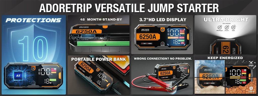 Car 6250A 30000mAh Portable 12V Jump Starter Power Bank Auto Battery Charger Booster