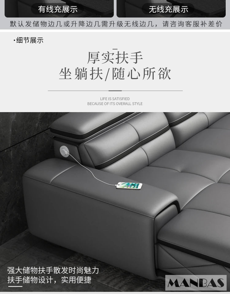 Modern Italian Genuine Leather Sectional Sofa with USB Charging & Bluetooth Speaker – MINGDIBAO Living Room Furniture