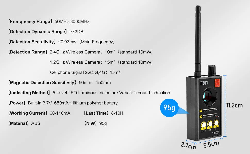 F911 Hidden Camera & RF Signal Detector – Advanced Anti-Spy Bug and GPS Tracker Finder