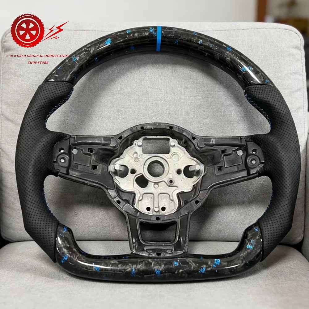 Customized Carbon Fiber Sports Steering Wheel Flat-Bottom Half-Perforated Leather for VW Golf 7 MK7 MK7.5