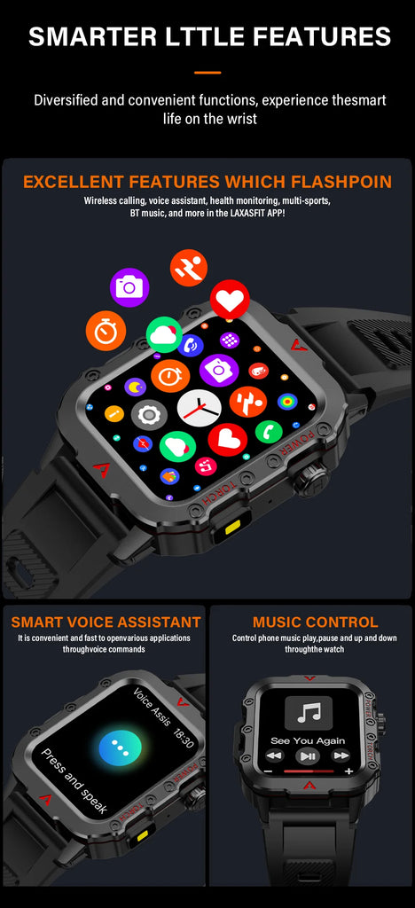 LAXASFIT Q11 Men’s Smart Watch with LED Flashlight, Fitness & Health Monitoring
