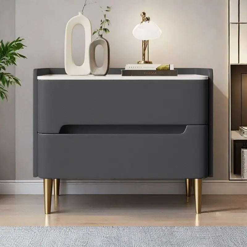 Luxury Modern Nightstand with Drawer, Glossy Marble Top, Gold Metal Legs, Faux Leather Bedside Table