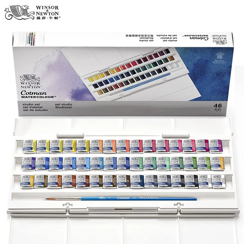 Winsor & Newton Cotman Watercolor Paint Set Studio 45 Half Pans with Brush and Palette Portable Artist Kit