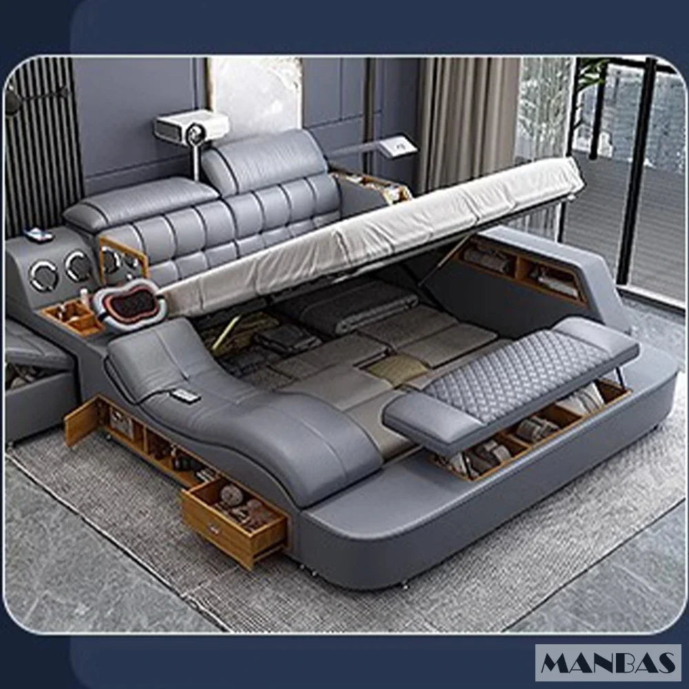 MANBAS Luxury King Size Genuine Leather Smart Bed with Massage, Storage, USB & Projector
