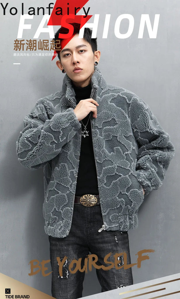 Nature Wool Men’s Real Fur Shearling Coat – Winter Leather Jacket, Loose Fit, Short Style