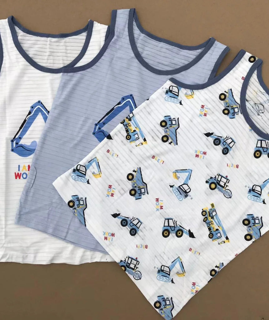 Boys Cartoon Dino Car Cotton Tank Top Singlet Underwear – Kids Summer Undershirt 3-10T
