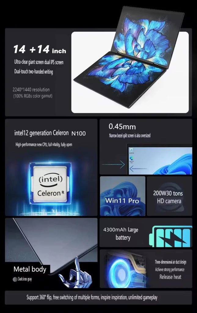 Dual Screen 14+14 Inch 2K Touchscreen 2-in-1 Laptop 16GB/32GB Intel N100 CPU 360° Flip Metal Case