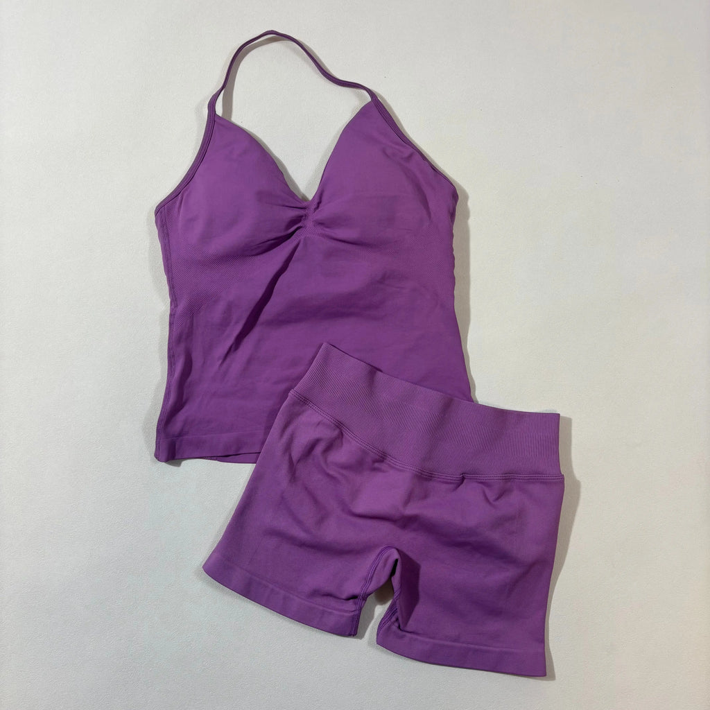 Women’s Seamless Yoga Gym Set – Backless Tank Top & High Waist Scrunch Shorts (2PCS)