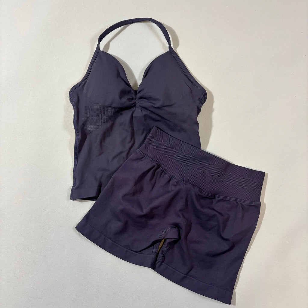 Women’s Seamless Yoga Gym Set – Backless Tank Top & High Waist Scrunch Shorts (2PCS)