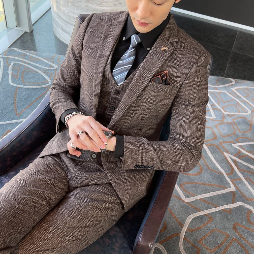 Men’s Modified Plaid Three-Piece Suit – Slim Fit England Style Vest & Trousers Set
