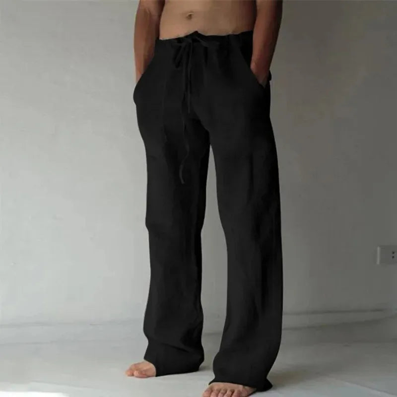 Men's Cotton Linen Long Pants Summer Solid Color Breathable Linen Trousers Male Casual Elastic Waist Casual Pants Harajuku Trous