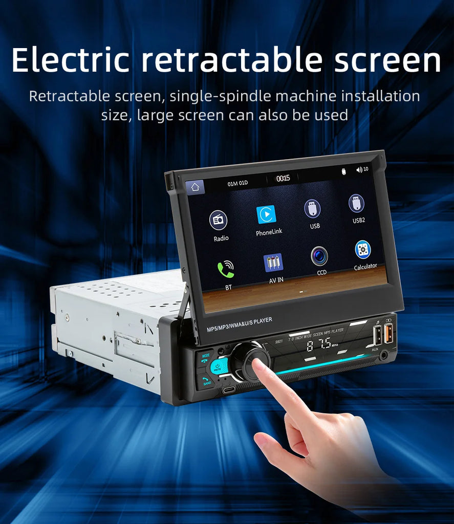 1Din 7'' Retractable Car Stereo with Wireless CarPlay & Android Auto, Bluetooth, FM, USB, AUX