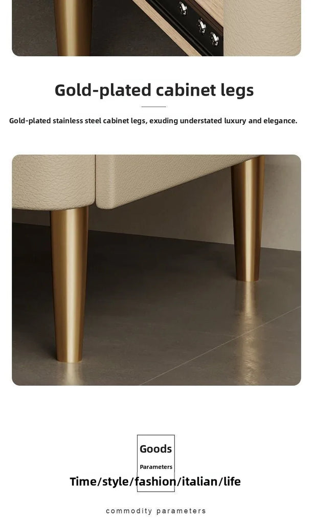 Luxury Modern Nightstand with Drawer, Glossy Marble Top, Gold Metal Legs, Faux Leather Bedside Table