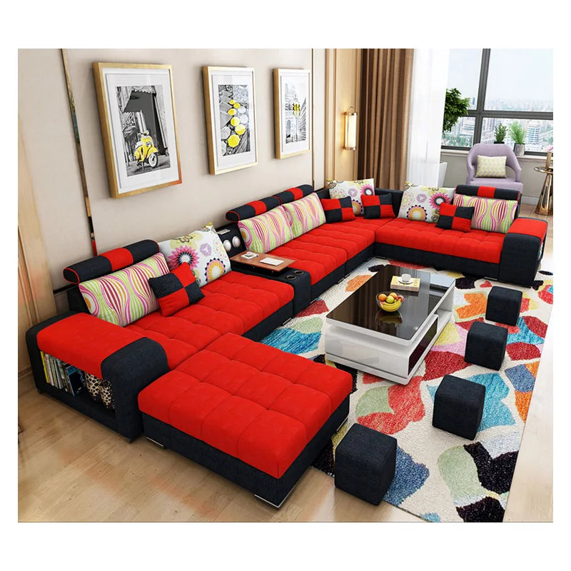 Modern U-Shaped Fabric Sofa Set with USB & Stools – Living Room Couch, Customizable Colors