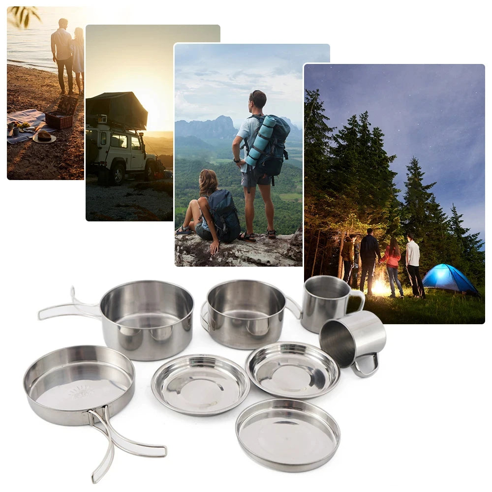 8PCS Stainless Steel Camping Cookware Mess Kit – Lightweight, Durable & Ready for Adventure