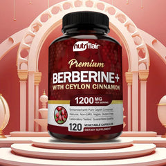 Nutritional supplement bottle labeled 'Berberine+' with 'Ceylon Cinnamon' on a decorative background.