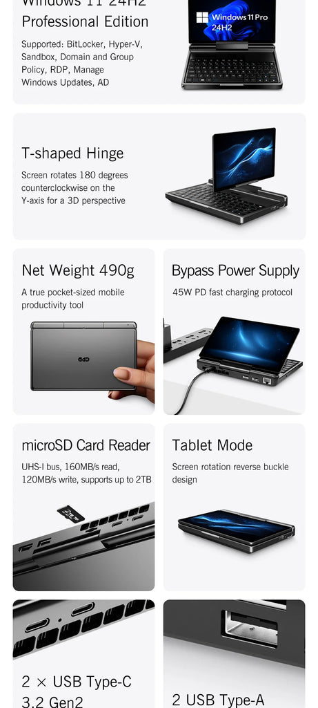 New 7-inch GPD MicroPC 2 Mini Laptop Intel Core i3-N300 16GB/512GB Windows 11 Portable Notebook