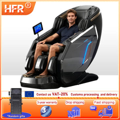 Man sitting in a black massage chair with HFR branding, promotional text, and graphics.