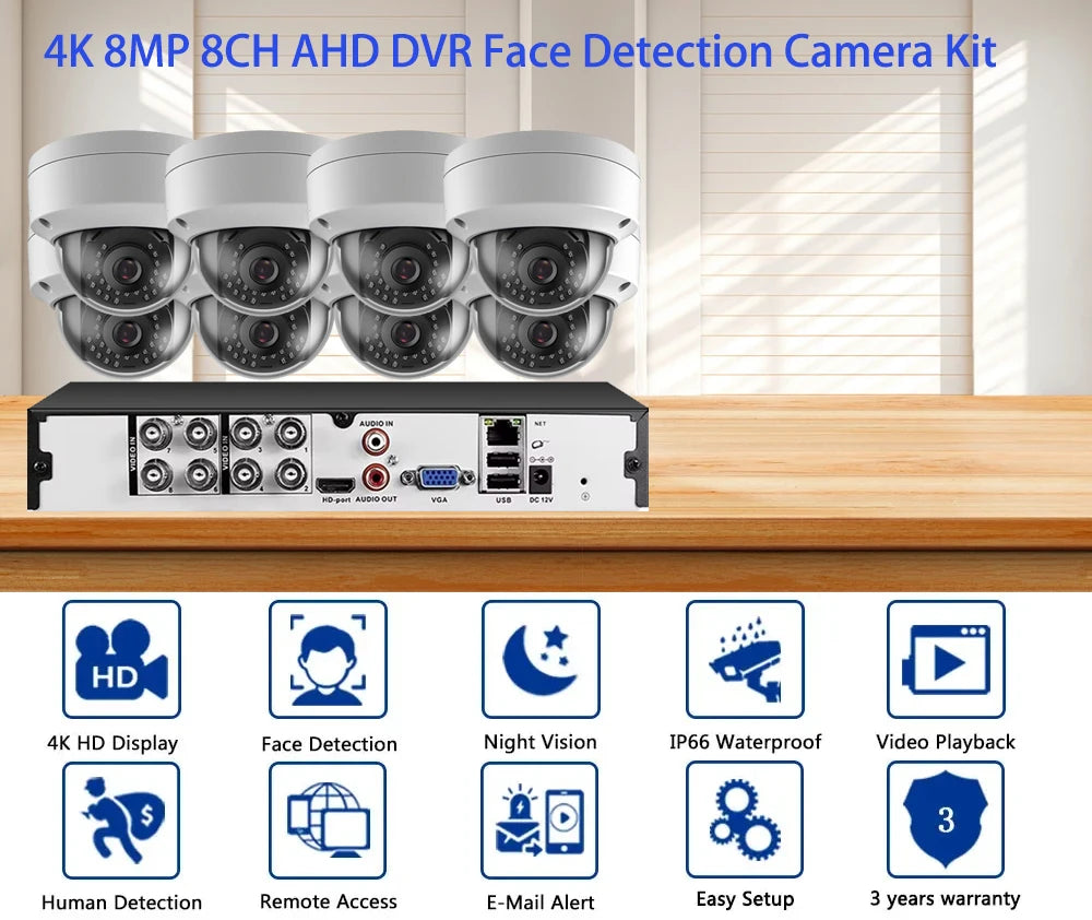 8CH 4K AHD DVR CCTV System with 8MP Dome Cameras – IR Night Vision, Face & Motion Detection