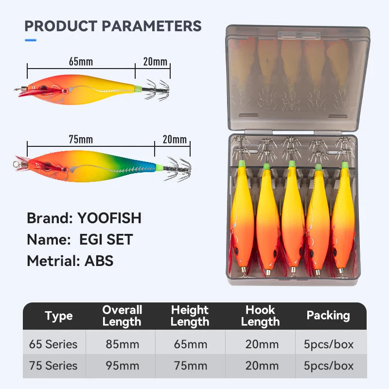 YOOFISH Luminous Horizontal Squid Jig (5pcs Set) – Premium Wood Shrimp Squid Hooks for Saltwater Fishing