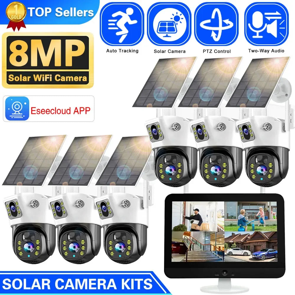 100% Wire-Free Solar PTZ Dual Lens 12.5" LCD Monitor 10CH WiFi NVR 8MP 4K Wireless Home Security Camera System
