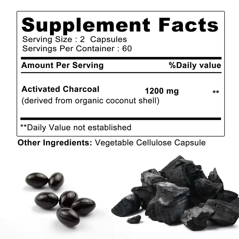 Activated Charcoal Capsules for Gut Health, Bloating and Gas Relief – Digestive Detox and Colon Cleanse Supplement – 30/60/120 Capsules