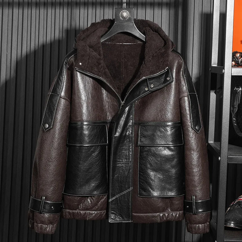 Men’s Natural Sheepskin Leather Jacket with Real Fur Hood – Winter Wool Lined Fur Coat