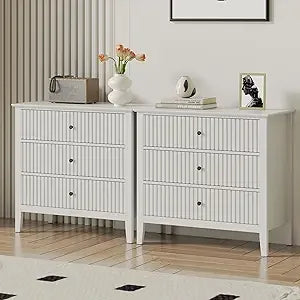 Green Fluted 3 Drawer Modern Dresser Nightstand – 32 Inch Wide Wood Chest of Drawers