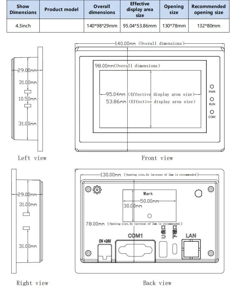 Huaqingjun 4.3 Inch LCD Touch Screen Ethernet RS485/232 HMI for PLC DC19-30V LAN RJ45