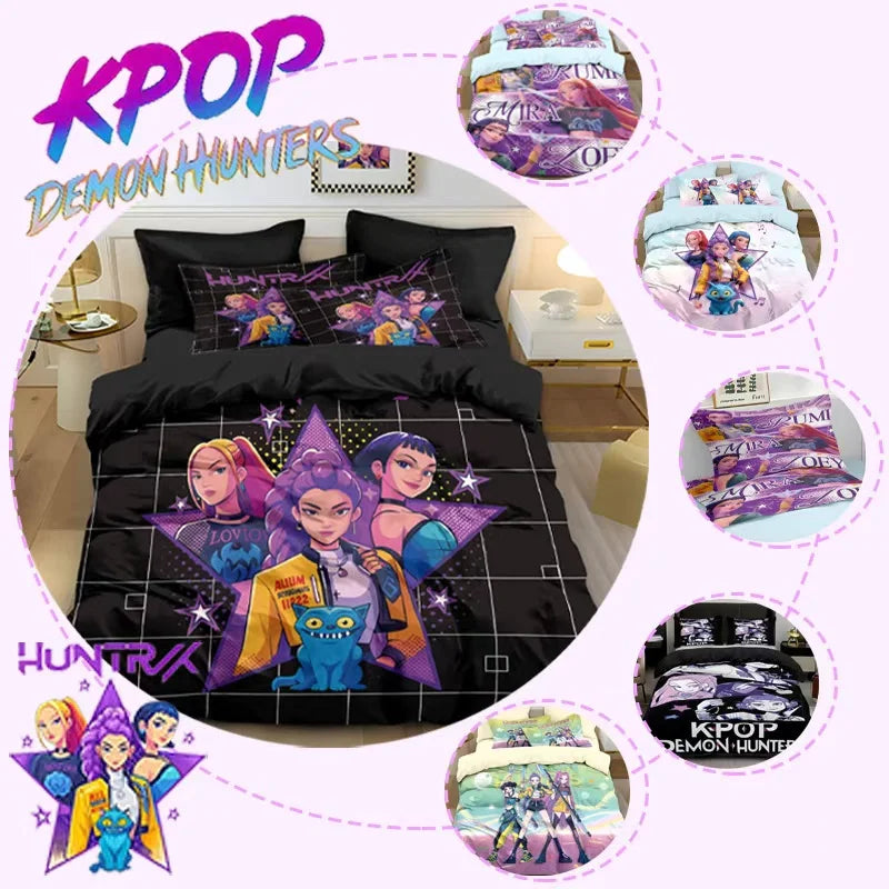 3pcs K-Pop Bedding Set Demon Hunters Colorful Print Polyester Duvet Cover with Pillowcases