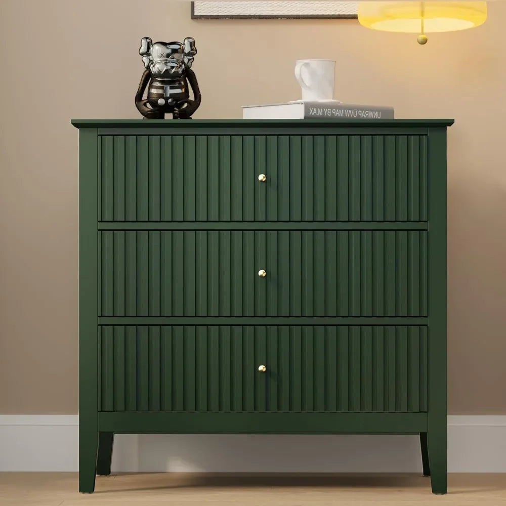 Green Fluted 3 Drawer Modern Dresser Nightstand – 32 Inch Wide Wood Chest of Drawers